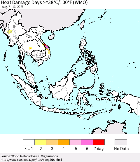 South East Asia Heat Damage Days >=38°C/100°F (WMO) Thematic Map For 8/7/2023 - 8/13/2023