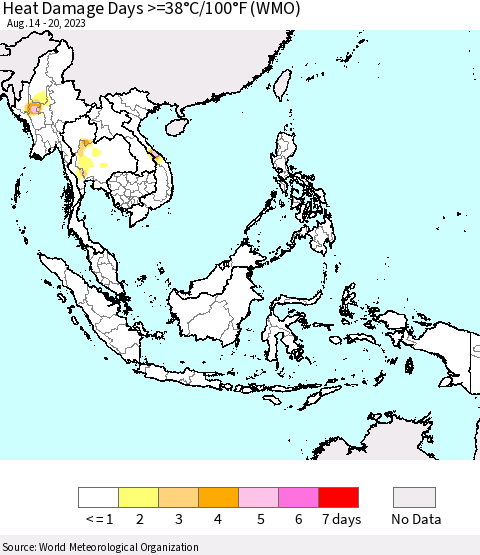 South East Asia Heat Damage Days >=38°C/100°F (WMO) Thematic Map For 8/14/2023 - 8/20/2023