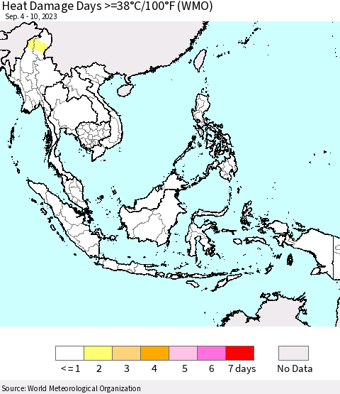 South East Asia Heat Damage Days >=38°C/100°F (WMO) Thematic Map For 9/4/2023 - 9/10/2023
