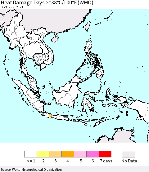 South East Asia Heat Damage Days >=38°C/100°F (WMO) Thematic Map For 10/2/2023 - 10/8/2023