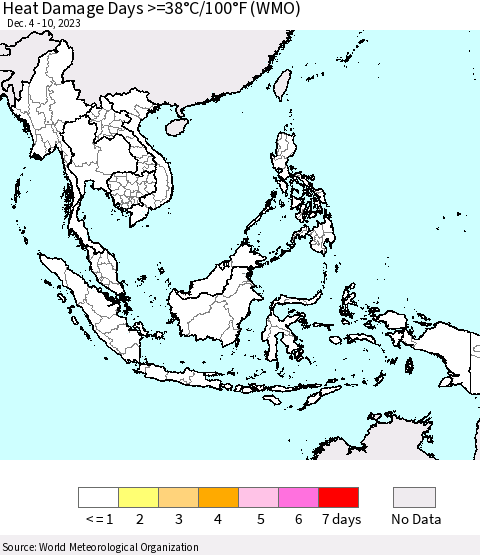 South East Asia Heat Damage Days >=38°C/100°F (WMO) Thematic Map For 12/4/2023 - 12/10/2023