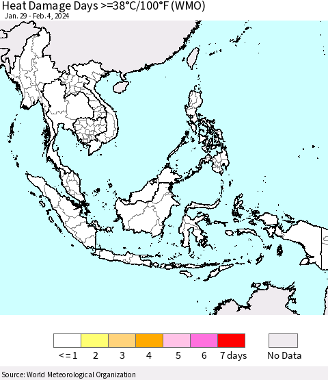 South East Asia Heat Damage Days >=38°C/100°F (WMO) Thematic Map For 1/29/2024 - 2/4/2024