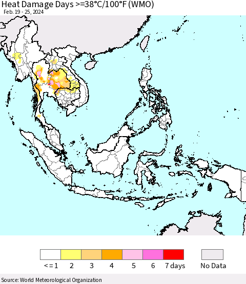 South East Asia Heat Damage Days >=38°C/100°F (WMO) Thematic Map For 2/19/2024 - 2/25/2024