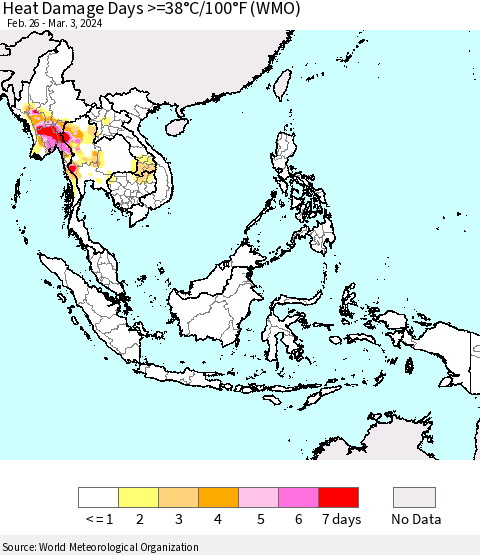 South East Asia Heat Damage Days >=38°C/100°F (WMO) Thematic Map For 2/26/2024 - 3/3/2024