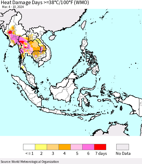 South East Asia Heat Damage Days >=38°C/100°F (WMO) Thematic Map For 3/4/2024 - 3/10/2024