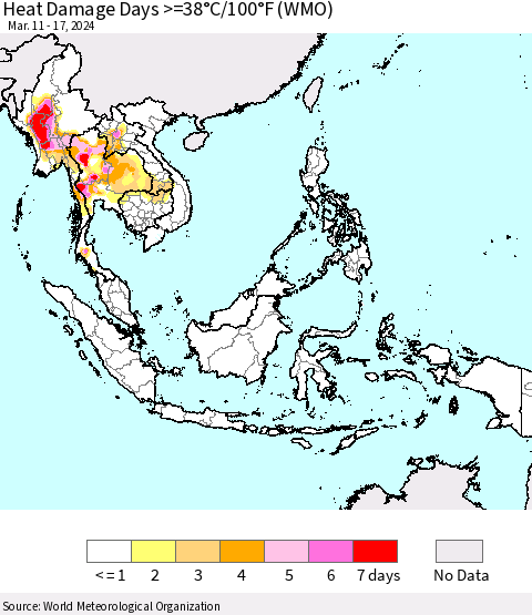 South East Asia Heat Damage Days >=38°C/100°F (WMO) Thematic Map For 3/11/2024 - 3/17/2024