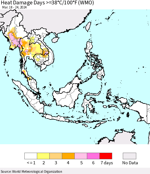 South East Asia Heat Damage Days >=38°C/100°F (WMO) Thematic Map For 3/18/2024 - 3/24/2024