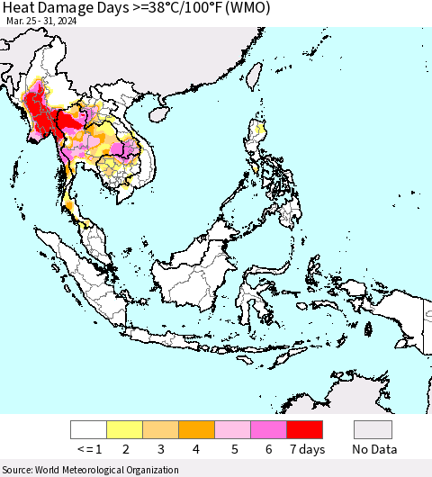 South East Asia Heat Damage Days >=38°C/100°F (WMO) Thematic Map For 3/25/2024 - 3/31/2024
