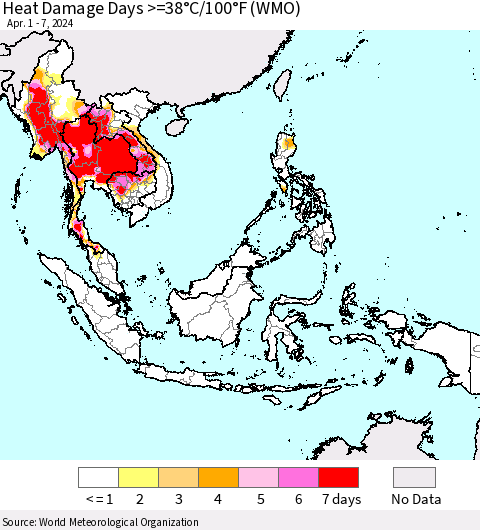 South East Asia Heat Damage Days >=38°C/100°F (WMO) Thematic Map For 4/1/2024 - 4/7/2024