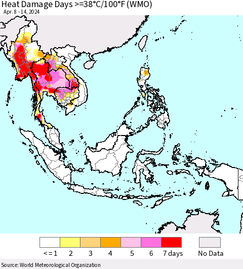 South East Asia Heat Damage Days >=38°C/100°F (WMO) Thematic Map For 4/8/2024 - 4/14/2024