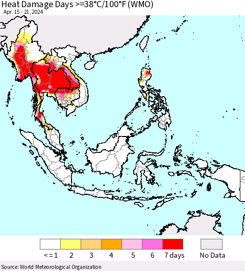 South East Asia Heat Damage Days >=38°C/100°F (WMO) Thematic Map For 4/15/2024 - 4/21/2024