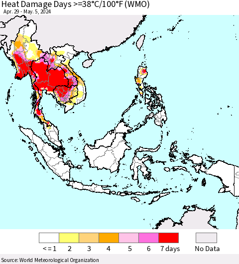 South East Asia Heat Damage Days >=38°C/100°F (WMO) Thematic Map For 4/29/2024 - 5/5/2024