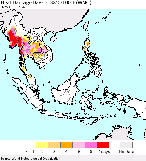 South East Asia Heat Damage Days >=38°C/100°F (WMO) Thematic Map For 5/6/2024 - 5/12/2024