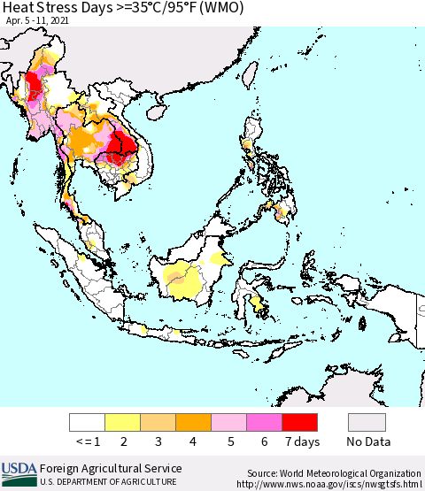 South East Asia Heat Stress Days >=35°C/95°F (WMO) Thematic Map For 4/5/2021 - 4/11/2021