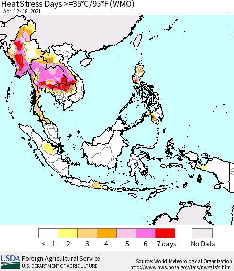 South East Asia Heat Stress Days >=35°C/95°F (WMO) Thematic Map For 4/12/2021 - 4/18/2021
