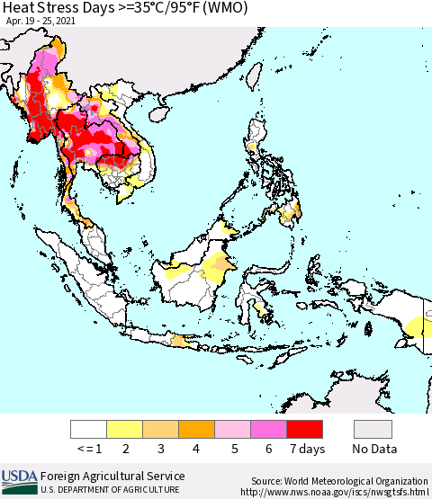 South East Asia Heat Stress Days >=35°C/95°F (WMO) Thematic Map For 4/19/2021 - 4/25/2021