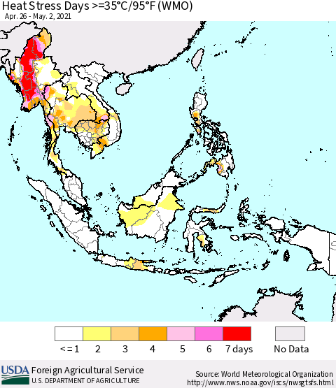 South East Asia Heat Stress Days >=35°C/95°F (WMO) Thematic Map For 4/26/2021 - 5/2/2021