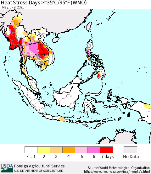 South East Asia Heat Stress Days >=35°C/95°F (WMO) Thematic Map For 5/3/2021 - 5/9/2021