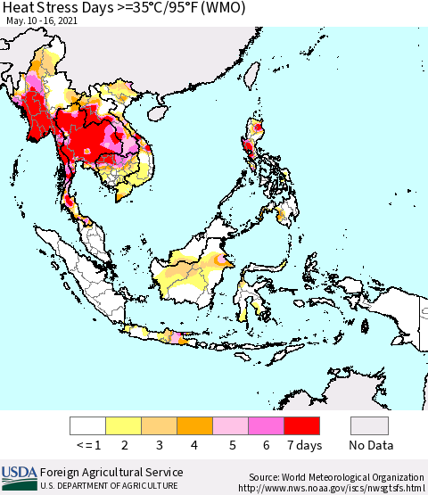 South East Asia Heat Stress Days >=35°C/95°F (WMO) Thematic Map For 5/10/2021 - 5/16/2021