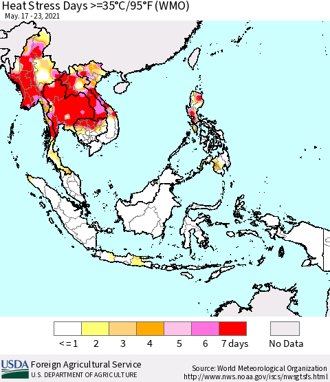 South East Asia Heat Stress Days >=35°C/95°F (WMO) Thematic Map For 5/17/2021 - 5/23/2021
