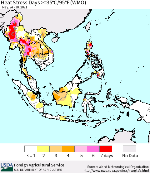 South East Asia Heat Stress Days >=35°C/95°F (WMO) Thematic Map For 5/24/2021 - 5/30/2021