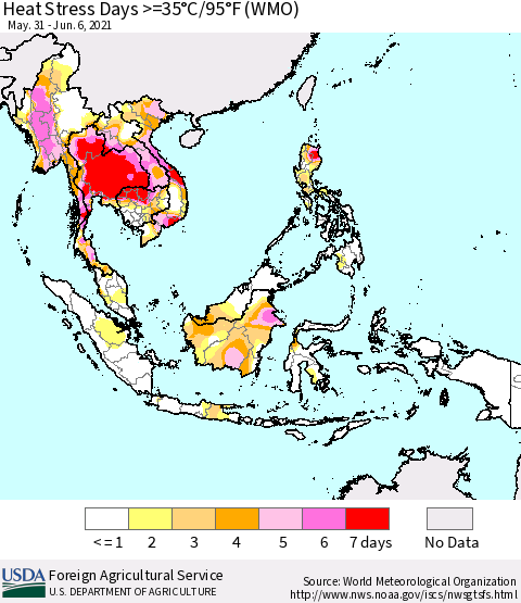 South East Asia Heat Stress Days >=35°C/95°F (WMO) Thematic Map For 5/31/2021 - 6/6/2021