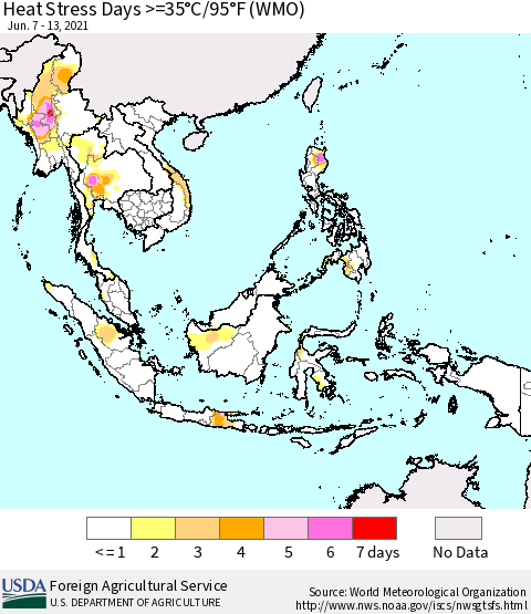 South East Asia Heat Stress Days >=35°C/95°F (WMO) Thematic Map For 6/7/2021 - 6/13/2021