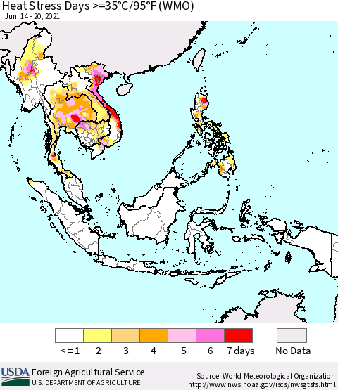 South East Asia Heat Stress Days >=35°C/95°F (WMO) Thematic Map For 6/14/2021 - 6/20/2021