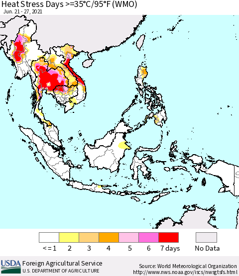 South East Asia Heat Stress Days >=35°C/95°F (WMO) Thematic Map For 6/21/2021 - 6/27/2021