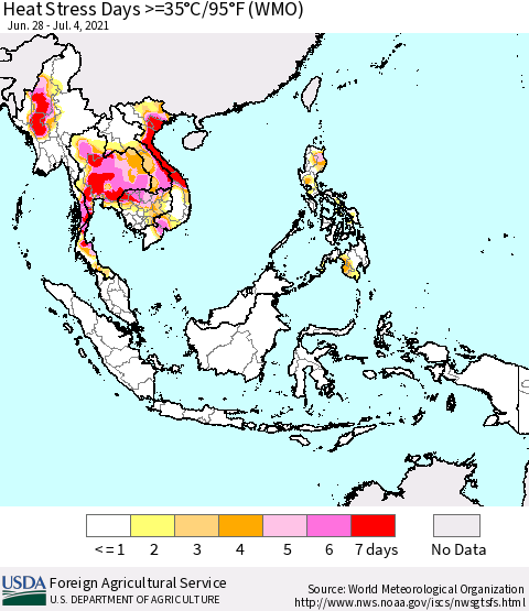 South East Asia Heat Stress Days >=35°C/95°F (WMO) Thematic Map For 6/28/2021 - 7/4/2021