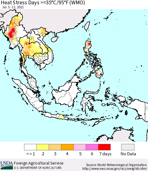 South East Asia Heat Stress Days >=35°C/95°F (WMO) Thematic Map For 7/5/2021 - 7/11/2021