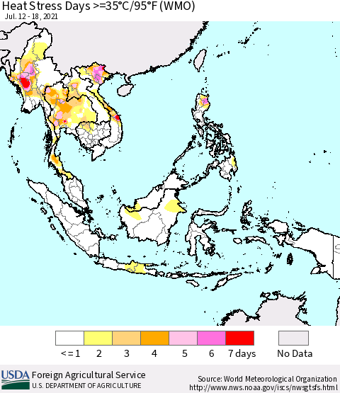 South East Asia Heat Stress Days >=35°C/95°F (WMO) Thematic Map For 7/12/2021 - 7/18/2021