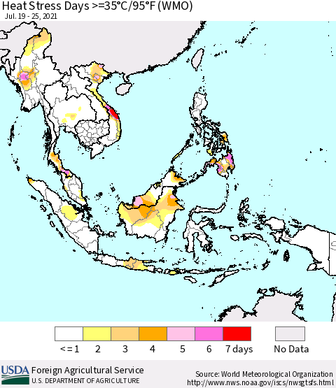 South East Asia Heat Stress Days >=35°C/95°F (WMO) Thematic Map For 7/19/2021 - 7/25/2021