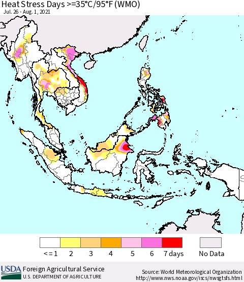 South East Asia Heat Stress Days >=35°C/95°F (WMO) Thematic Map For 7/26/2021 - 8/1/2021