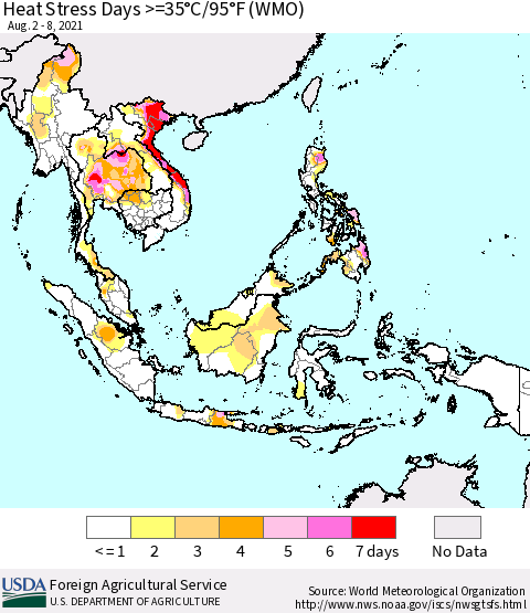 South East Asia Heat Stress Days >=35°C/95°F (WMO) Thematic Map For 8/2/2021 - 8/8/2021
