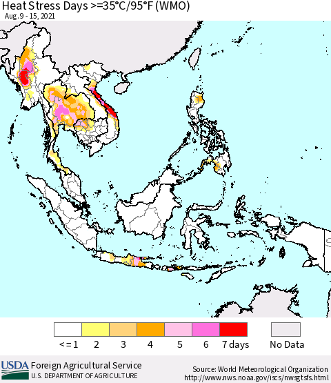 South East Asia Heat Stress Days >=35°C/95°F (WMO) Thematic Map For 8/9/2021 - 8/15/2021