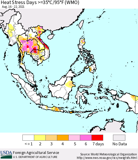 South East Asia Heat Stress Days >=35°C/95°F (WMO) Thematic Map For 8/16/2021 - 8/22/2021