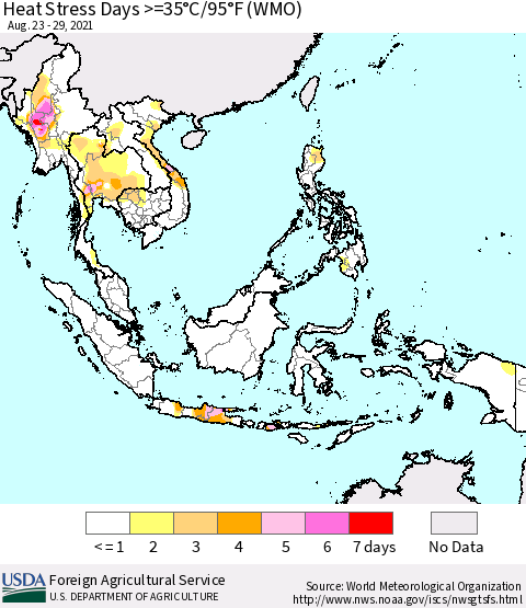 South East Asia Heat Stress Days >=35°C/95°F (WMO) Thematic Map For 8/23/2021 - 8/29/2021