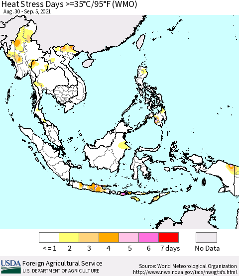 South East Asia Heat Stress Days >=35°C/95°F (WMO) Thematic Map For 8/30/2021 - 9/5/2021