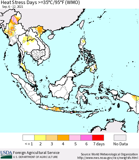 South East Asia Heat Stress Days >=35°C/95°F (WMO) Thematic Map For 9/6/2021 - 9/12/2021