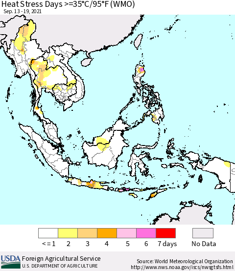 South East Asia Heat Stress Days >=35°C/95°F (WMO) Thematic Map For 9/13/2021 - 9/19/2021
