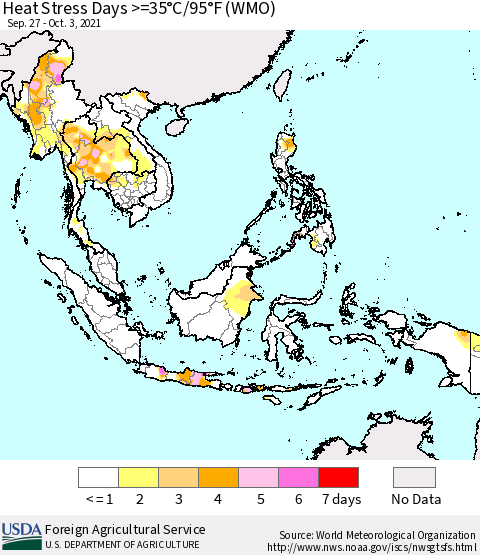 South East Asia Heat Stress Days >=35°C/95°F (WMO) Thematic Map For 9/27/2021 - 10/3/2021