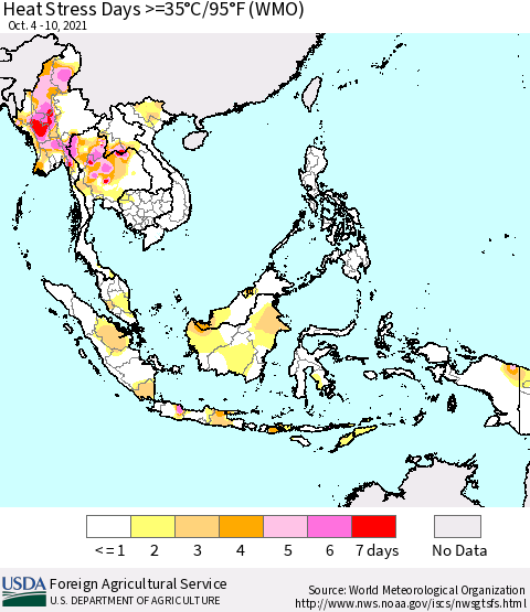 South East Asia Heat Stress Days >=35°C/95°F (WMO) Thematic Map For 10/4/2021 - 10/10/2021