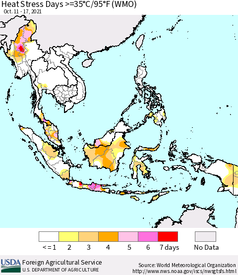 South East Asia Heat Stress Days >=35°C/95°F (WMO) Thematic Map For 10/11/2021 - 10/17/2021
