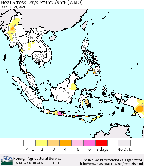 South East Asia Heat Stress Days >=35°C/95°F (WMO) Thematic Map For 10/18/2021 - 10/24/2021