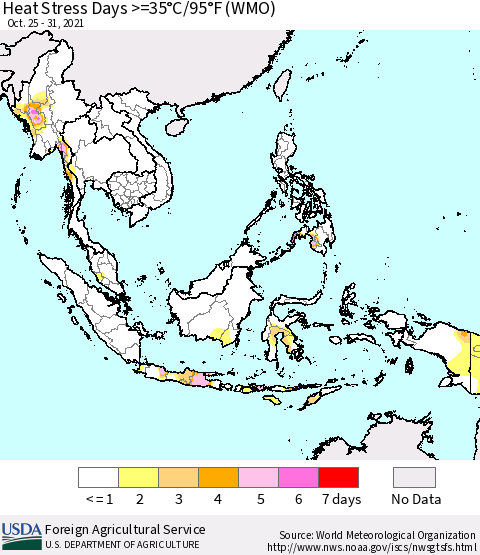 South East Asia Heat Stress Days >=35°C/95°F (WMO) Thematic Map For 10/25/2021 - 10/31/2021