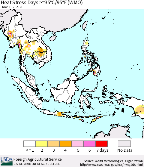 South East Asia Heat Stress Days >=35°C/95°F (WMO) Thematic Map For 11/1/2021 - 11/7/2021