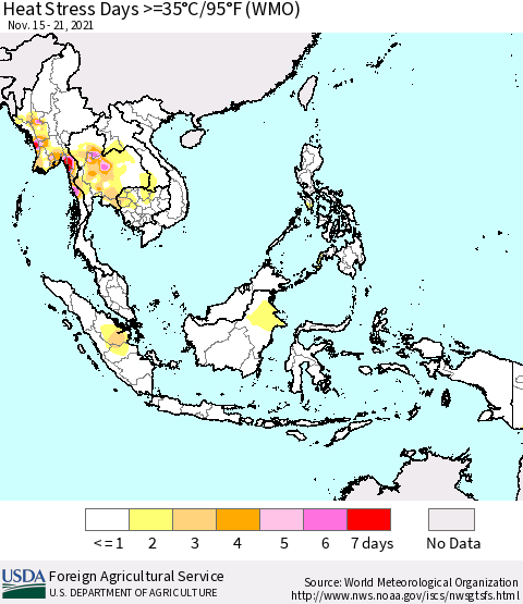 South East Asia Heat Stress Days >=35°C/95°F (WMO) Thematic Map For 11/15/2021 - 11/21/2021