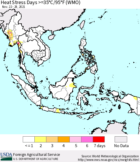 South East Asia Heat Stress Days >=35°C/95°F (WMO) Thematic Map For 11/22/2021 - 11/28/2021