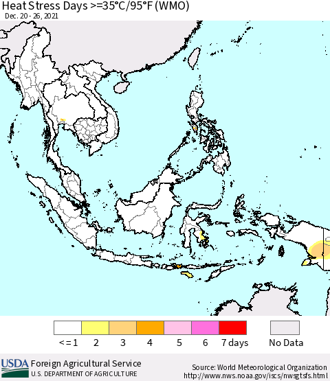 South East Asia Heat Stress Days >=35°C/95°F (WMO) Thematic Map For 12/20/2021 - 12/26/2021